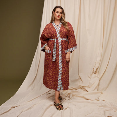 woman wearing Odette Cotton Bath Robe - Mahogany