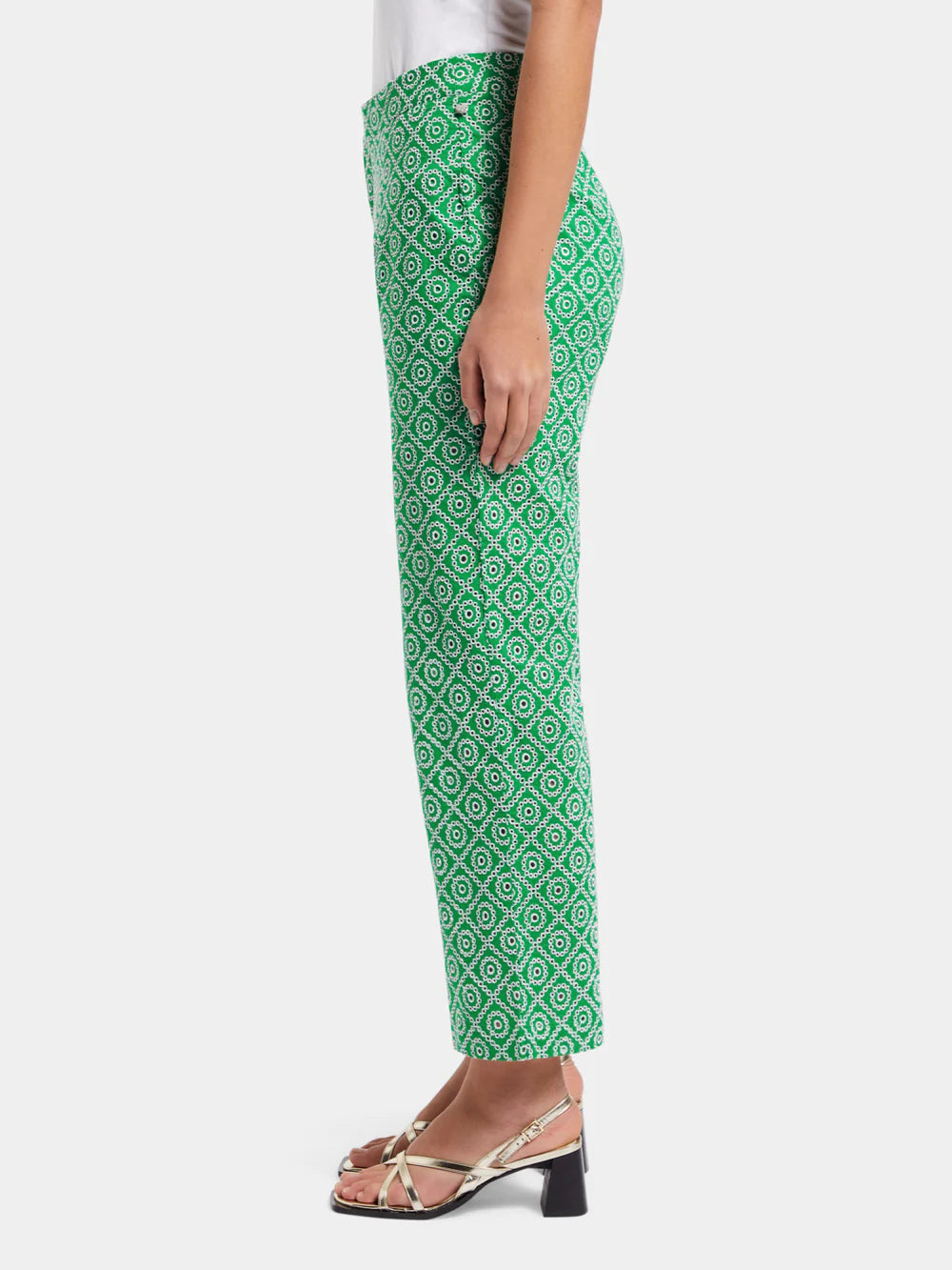 woman wearing Broderie Straight Leg Pant - Green side view