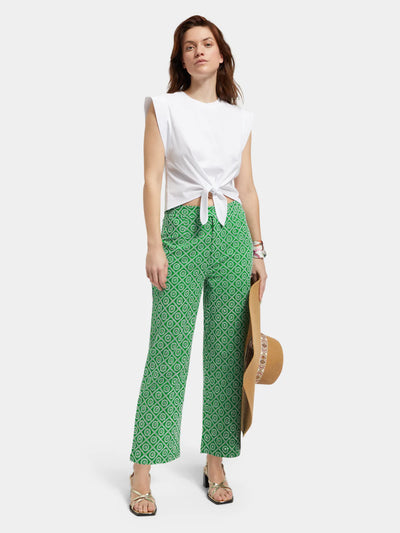 woman wearing white shirt and Broderie Straight Leg Pant - Green