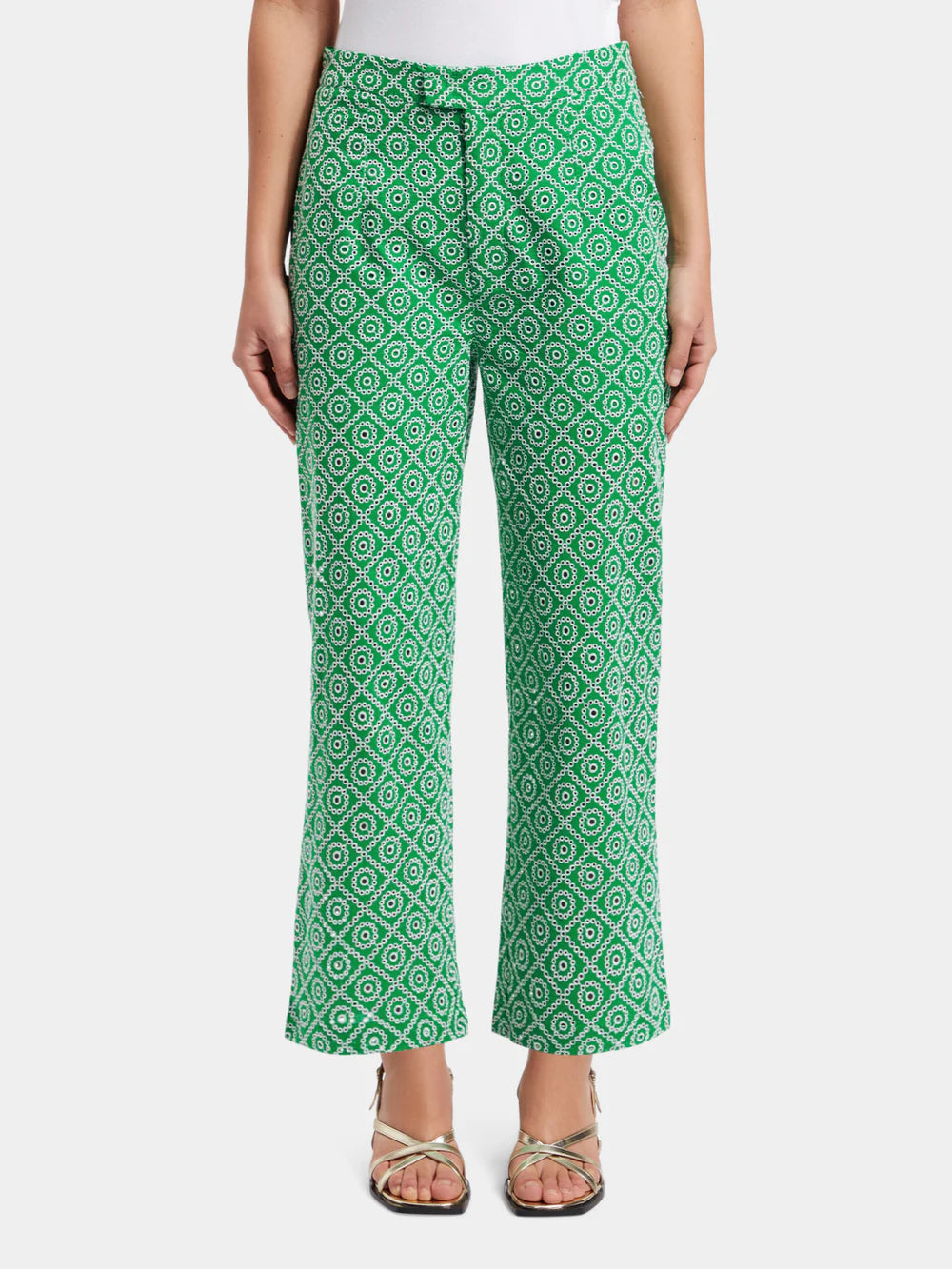 woman wearing Broderie Straight Leg Pant - Green front view 