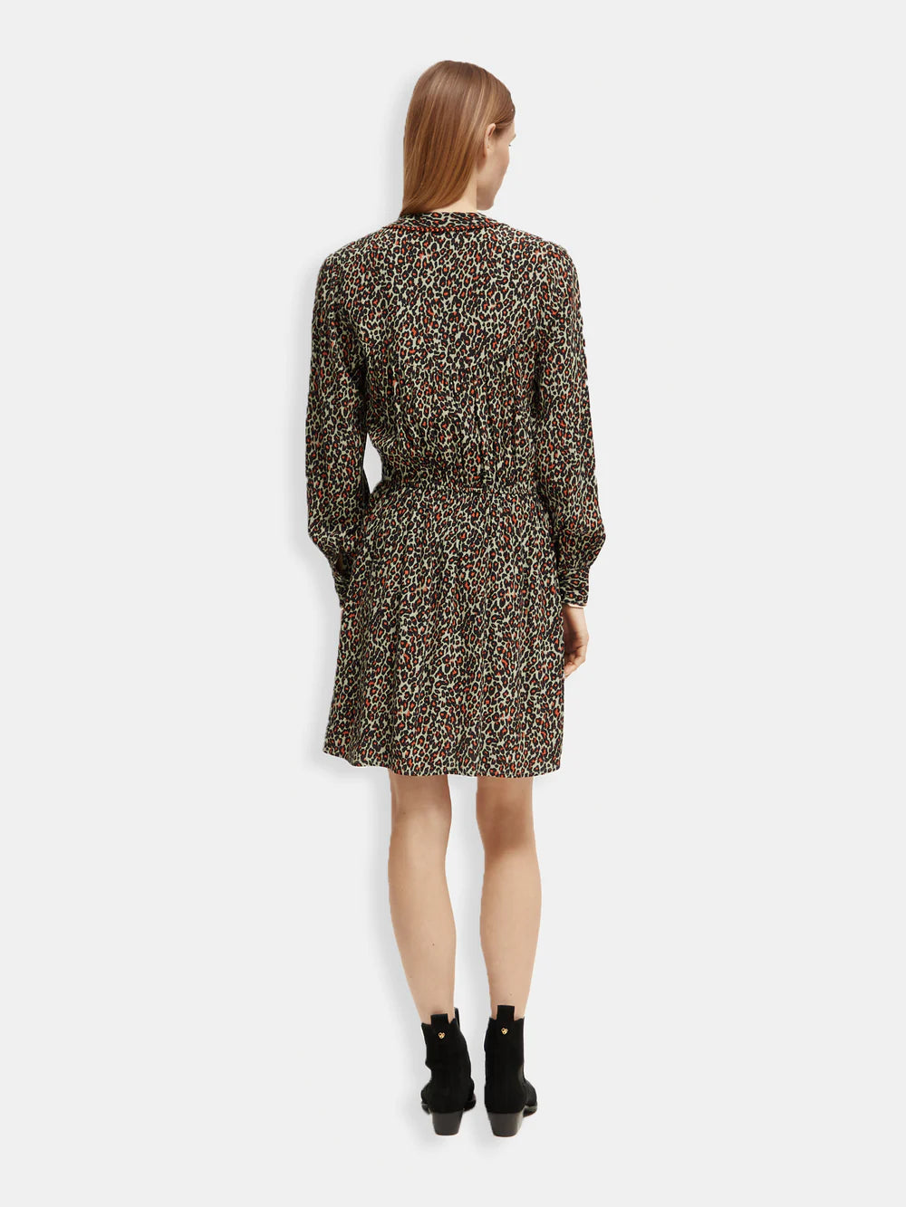 woman wearing Elasticated Waist Mini Dress - Creatures Print back view
