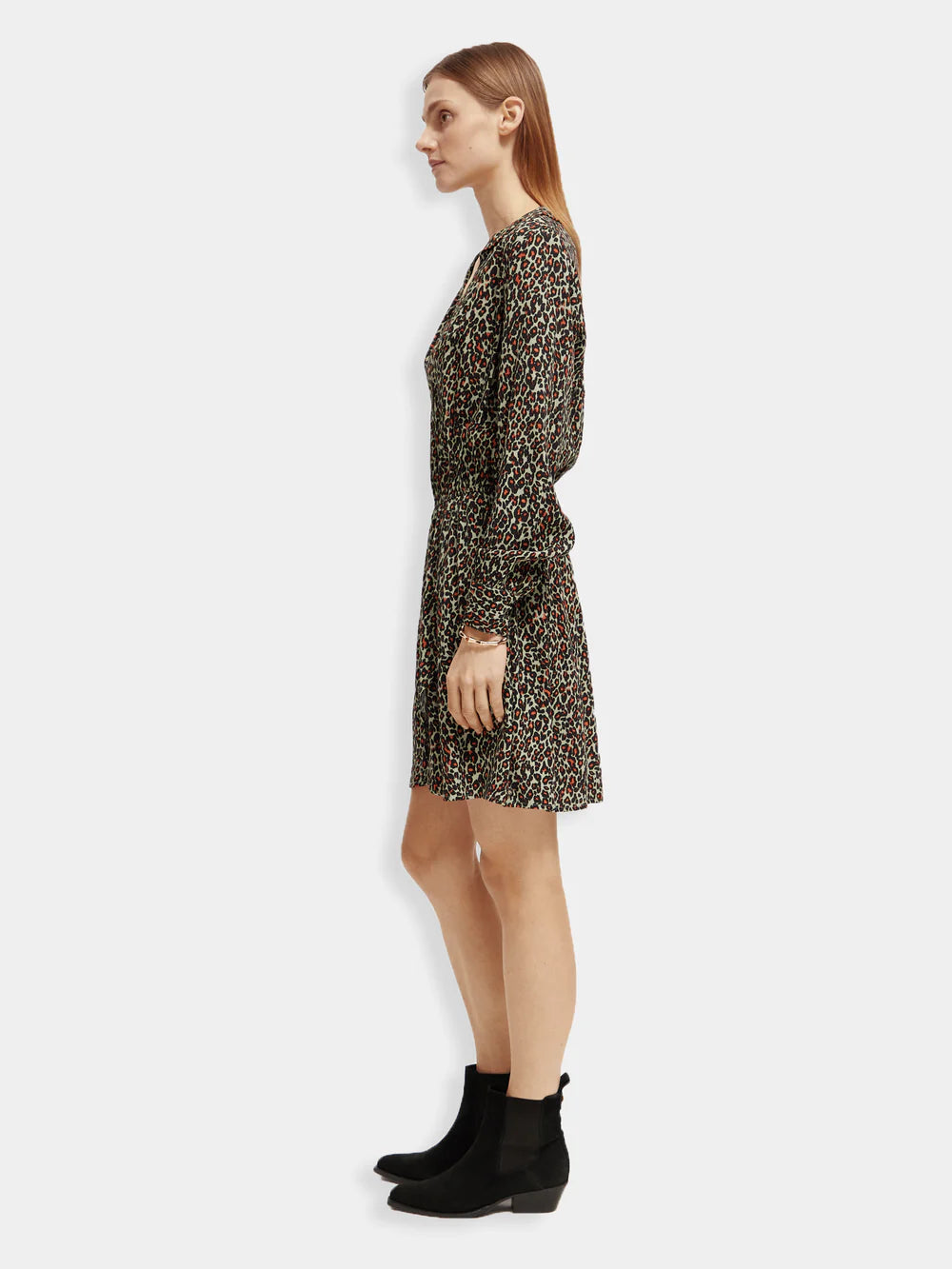 woman wearing Elasticated Waist Mini Dress - Creatures Print side view