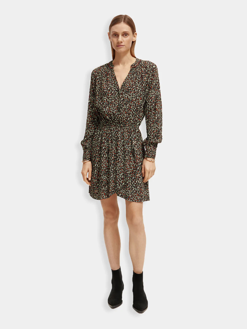 woman wearing Elasticated Waist Mini Dress - Creatures Print front view