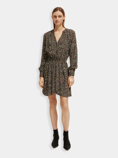 woman wearing Elasticated Waist Mini Dress - Creatures Print front view