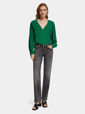 Long Sleeved V-Neck Blouse - Pine Tree 177576