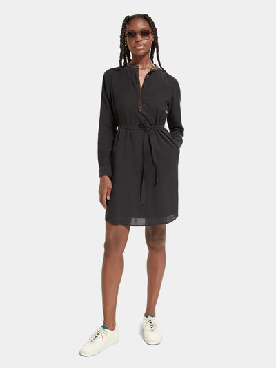 woman wearing Pop Over Shirt Mini Dress front view