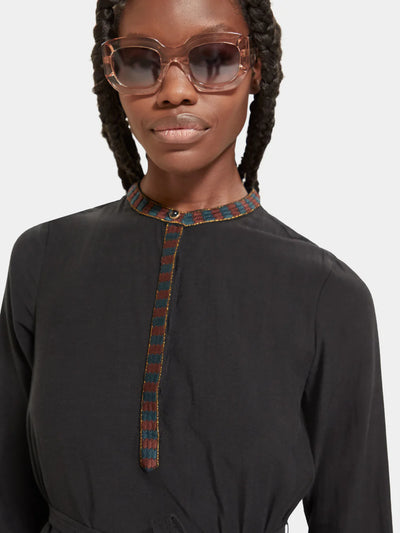 woman wearing Pop Over Shirt Mini Dress front closer look to dress front design