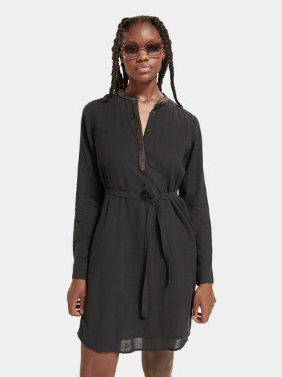 woman wearing Pop Over Shirt Mini Dress