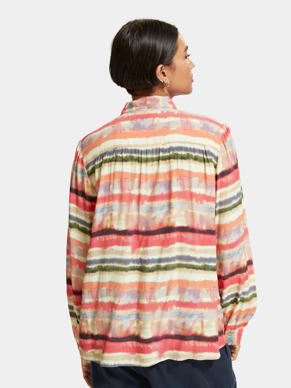 woman wearing Psychedelic Shirt Tie Neck back view
