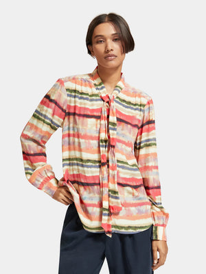 woman wearing Psychedelic Shirt Tie Neck front view