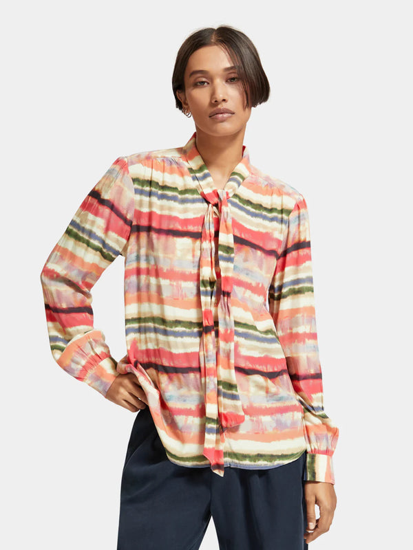 woman wearing Psychedelic Shirt Tie Neck front view