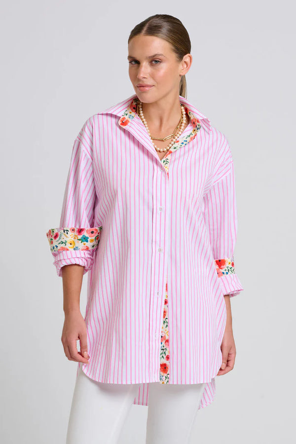 The Boyfriend Shirt - White/Pink Stripe Floral Trim