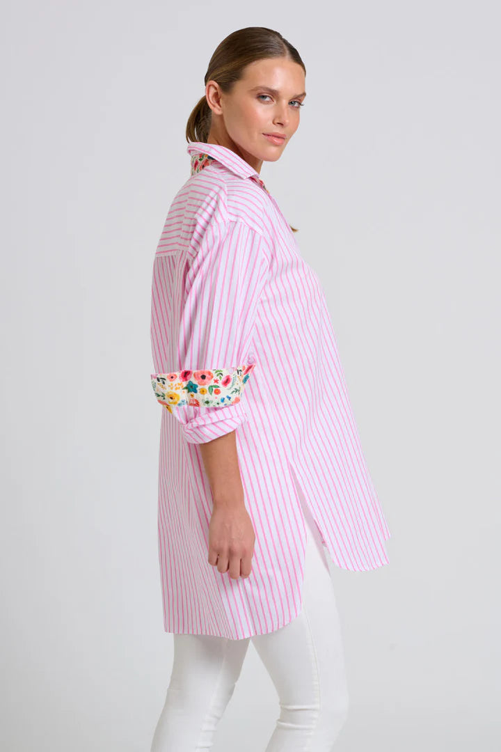 The Boyfriend Shirt - White/Pink Stripe Floral Trim