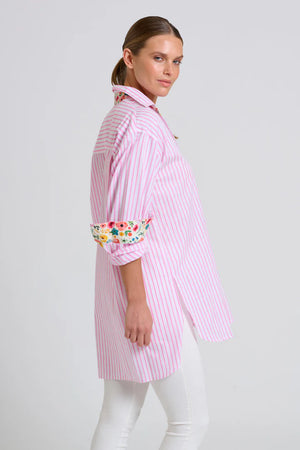 The Boyfriend Shirt - White/Pink Stripe Floral Trim