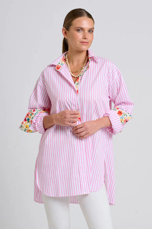 The Boyfriend Shirt - White/Pink Stripe Floral Trim