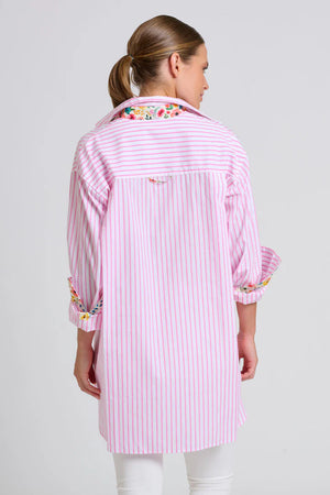 The Boyfriend Shirt - White/Pink Stripe Floral Trim