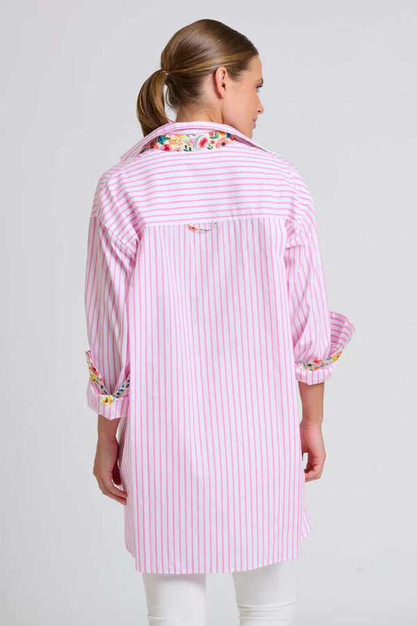The Boyfriend Shirt - White/Pink Stripe Floral Trim