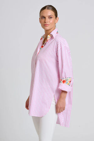 The Boyfriend Shirt - White/Pink Stripe Floral Trim