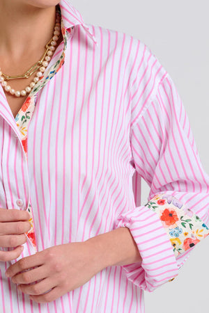 The Boyfriend Shirt - White/Pink Stripe Floral Trim