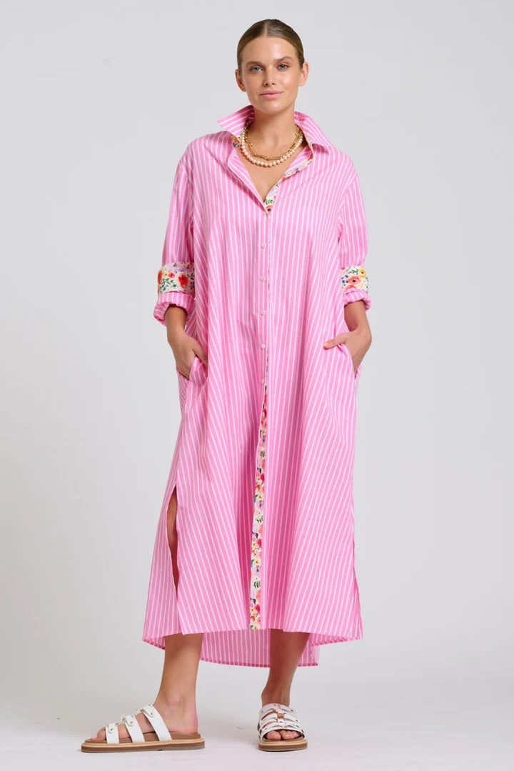 The Luna Oversized Long Line Shirt Dress - Pink Stripe Floral Trim