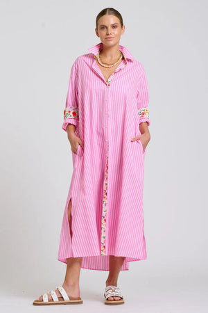 The Luna Oversized Long Line Shirt Dress - Pink Stripe Floral Trim