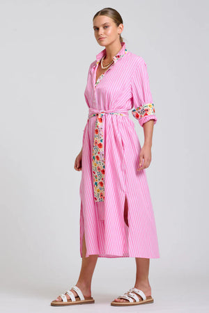 The Luna Oversized Long Line Shirt Dress - Pink Stripe Floral Trim