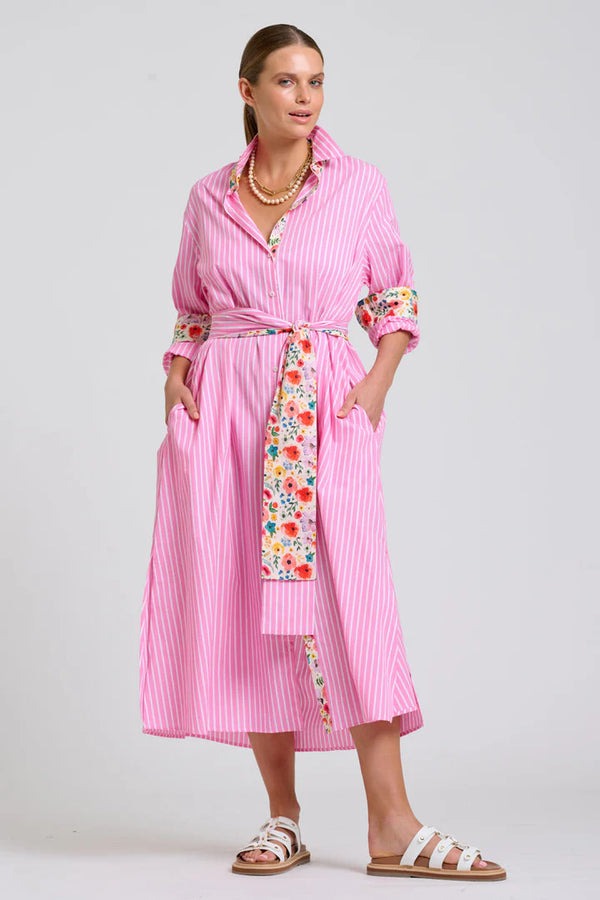The Luna Oversized Long Line Shirt Dress - Pink Stripe Floral Trim