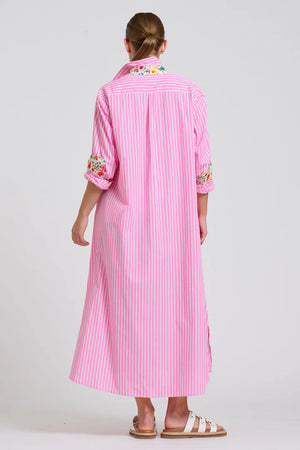 The Luna Oversized Long Line Shirt Dress - Pink Stripe Floral Trim