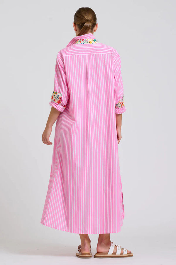 The Luna Oversized Long Line Shirt Dress - Pink Stripe Floral Trim