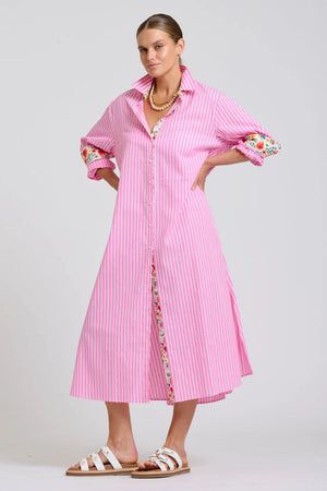 The Luna Oversized Long Line Shirt Dress - Pink Stripe Floral Trim