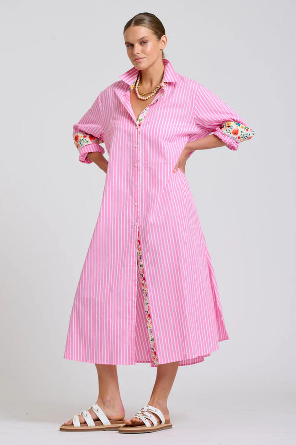The Luna Oversized Long Line Shirt Dress - Pink Stripe Floral Trim