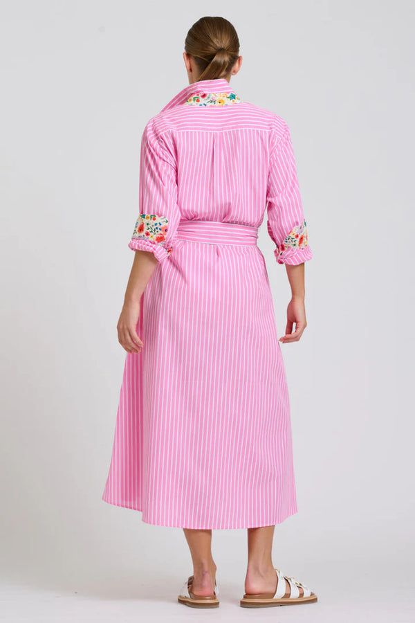 The Luna Oversized Long Line Shirt Dress - Pink Stripe Floral Trim