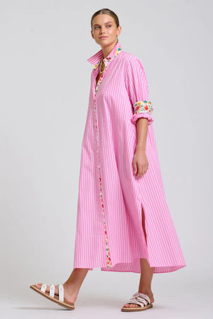 The Luna Oversized Long Line Shirt Dress - Pink Stripe Floral Trim