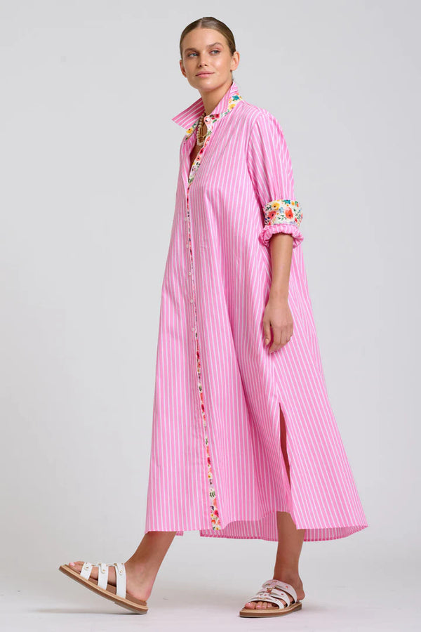 The Luna Oversized Long Line Shirt Dress - Pink Stripe Floral Trim