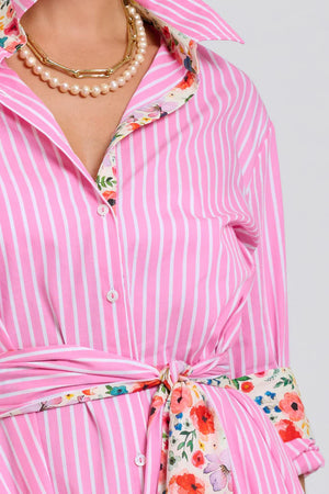 The Luna Oversized Long Line Shirt Dress - Pink Stripe Floral Trim