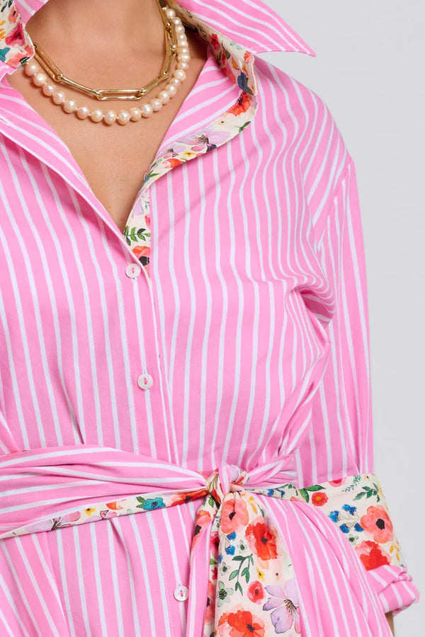 The Luna Oversized Long Line Shirt Dress - Pink Stripe Floral Trim