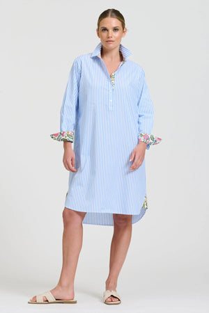 The Popover Shirtdress - Pale Blue Stripe Floral Trim