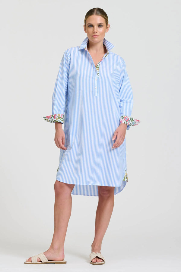 The Popover Shirtdress - Pale Blue Stripe Floral Trim