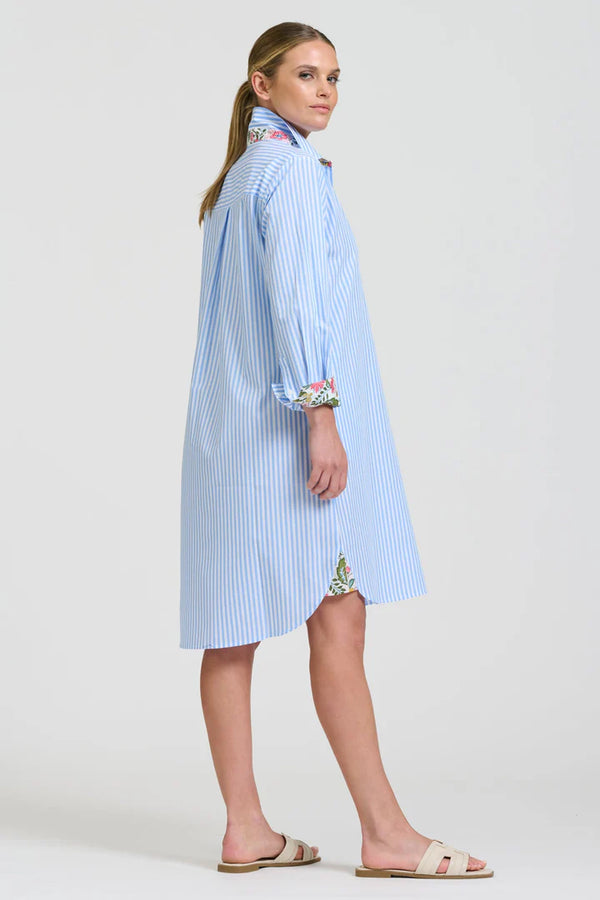 The Popover Shirtdress - Pale Blue Stripe Floral Trim
