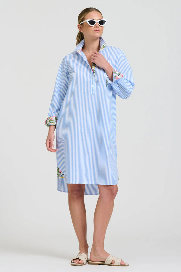 The Popover Shirtdress - Pale Blue Stripe Floral Trim