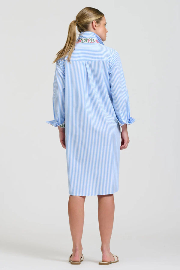 The Popover Shirtdress - Pale Blue Stripe Floral Trim