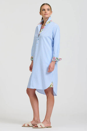 The Popover Shirtdress - Pale Blue Stripe Floral Trim