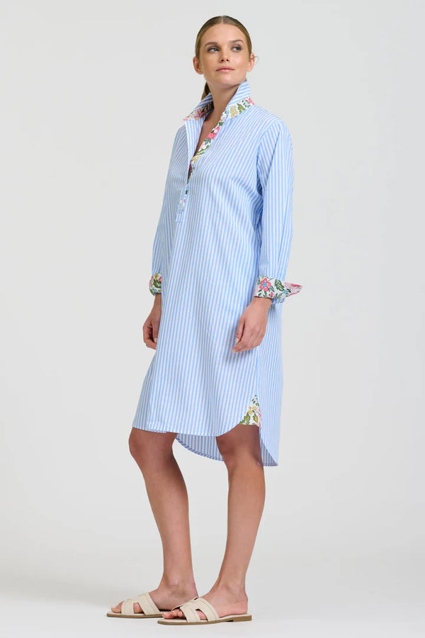 The Popover Shirtdress - Pale Blue Stripe Floral Trim
