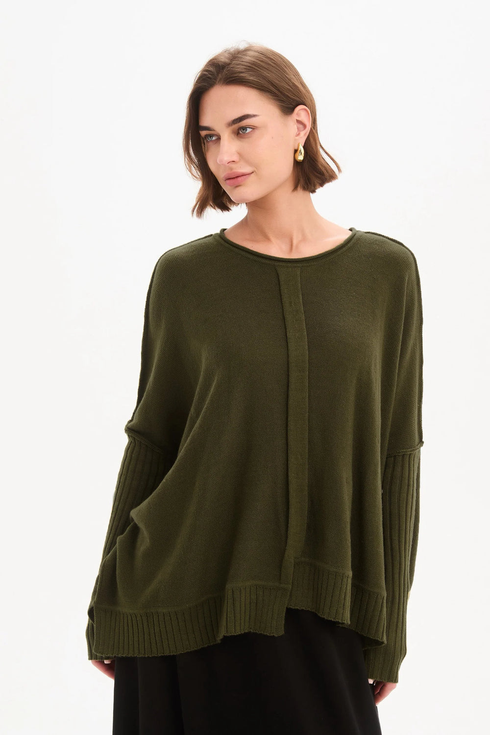 Boxy Rib Sleeve Knit - Khaki