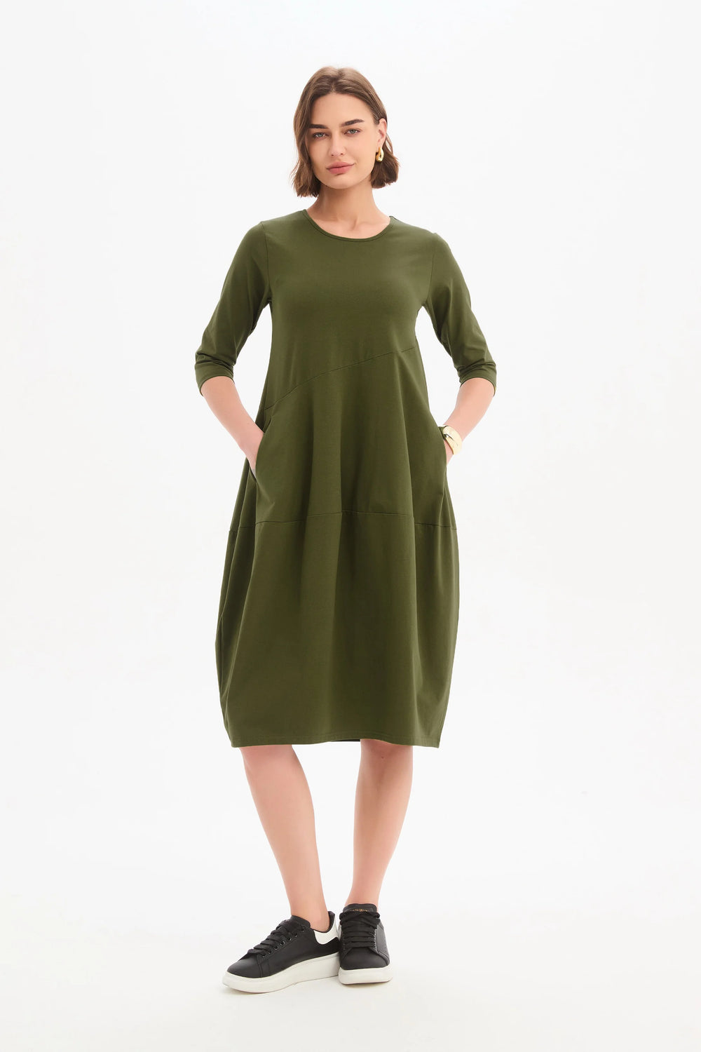 Diagonal Seam Winter Dress - Khaki