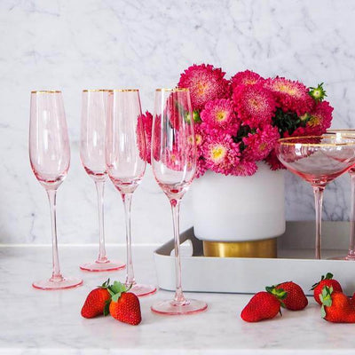 Pink Gold Trim Champagne Flute - Set of Four