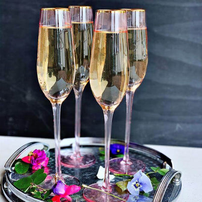 Pink Gold Trim Champagne Flute - Set of Four